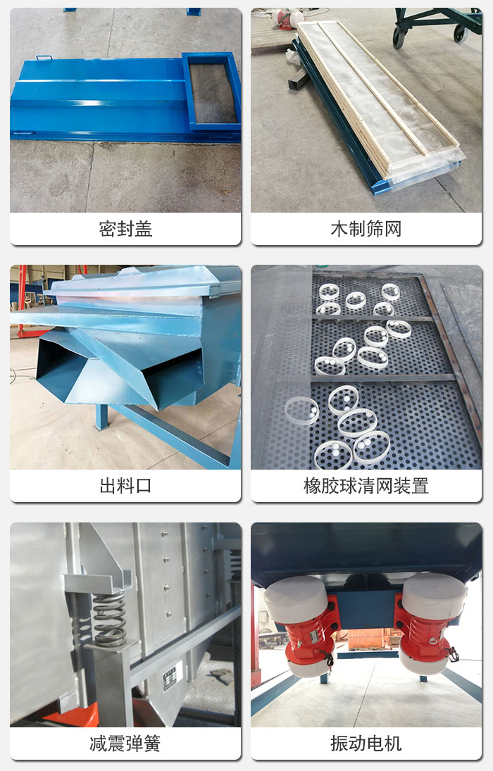 直線篩結(jié)構(gòu)展示：篩網(wǎng)，篩箱，振動電機，振動電機座，減震彈簧，支架等部件展示圖