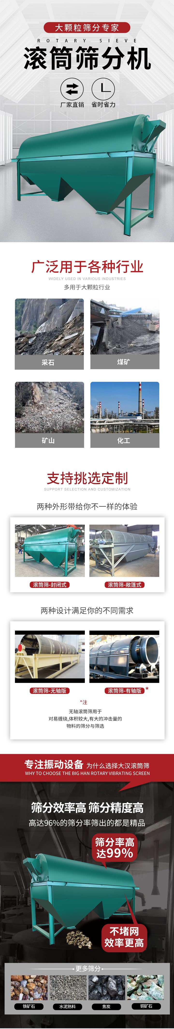 滾筒篩分機(jī)大顆粒篩分專家：廠家直銷，省時(shí)省力。滾筒篩被廣泛應(yīng)用各種行業(yè)：多用于大顆粒行業(yè)例如：采石，煤礦，礦山，化工等。滾筒篩定制類型有哪些：封閉式與敞篷式產(chǎn)品結(jié)構(gòu)分為：無軸式，有軸式兩種，無軸滾筒篩用于對(duì)纏繞，體積較大，有大的沖擊量的物料的篩分與篩選。滾筒篩篩分效率高篩分精度能夠達(dá)到：96%也比較適用于鐵礦石，水泥熟料，焦炭，銅礦石。滾筒篩特點(diǎn)：不飛粉末：密封隔離罩，密封性好，工作過程不會(huì)出現(xiàn)飛粉現(xiàn)象。外型尺寸是按筒體長(zhǎng)計(jì)